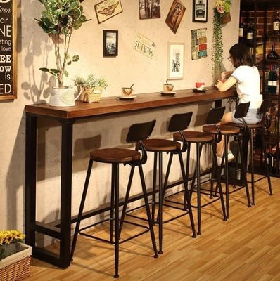 ホーム バー 田舎式金属枠 食卓 高長直角 木製 キッチン バーテーブル 太板