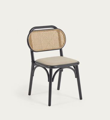 自然木製のヴィンテージスタイルのダイニングチェア 布の座席と本物のラタンバックレスト W47*D51*H82.5CM