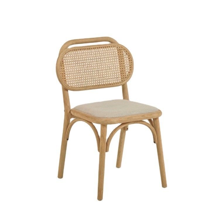 自然木製のヴィンテージスタイルのダイニングチェア 布の座席と本物のラタンバックレスト W47*D51*H82.5CM